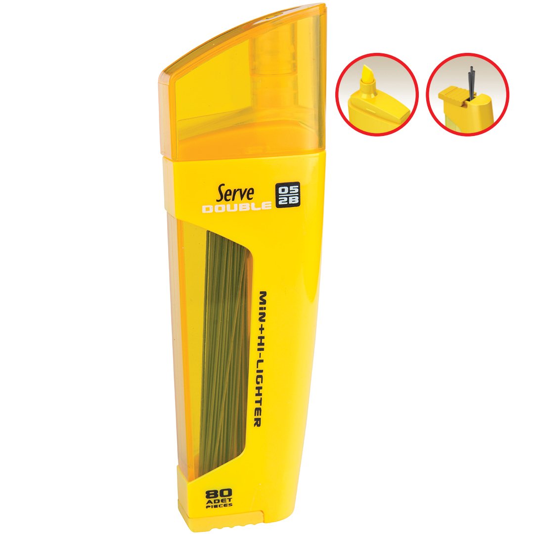 SERVE Double Mekanik Kurşun Kalem Ucu 0.5 mm + Fosforlu Kalem, Sarı