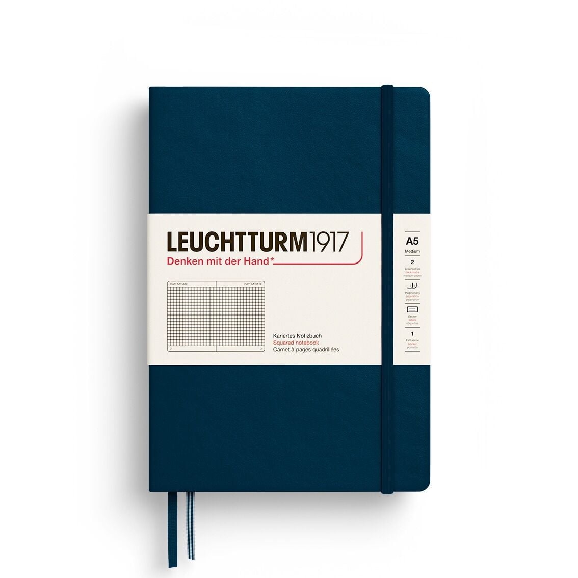 Leuchtturm1917 Not Defteri Orta Boy (A5), Sert Kapak, 251 Numaralandırılmış Sayfa, Derin Deniz - Kareli