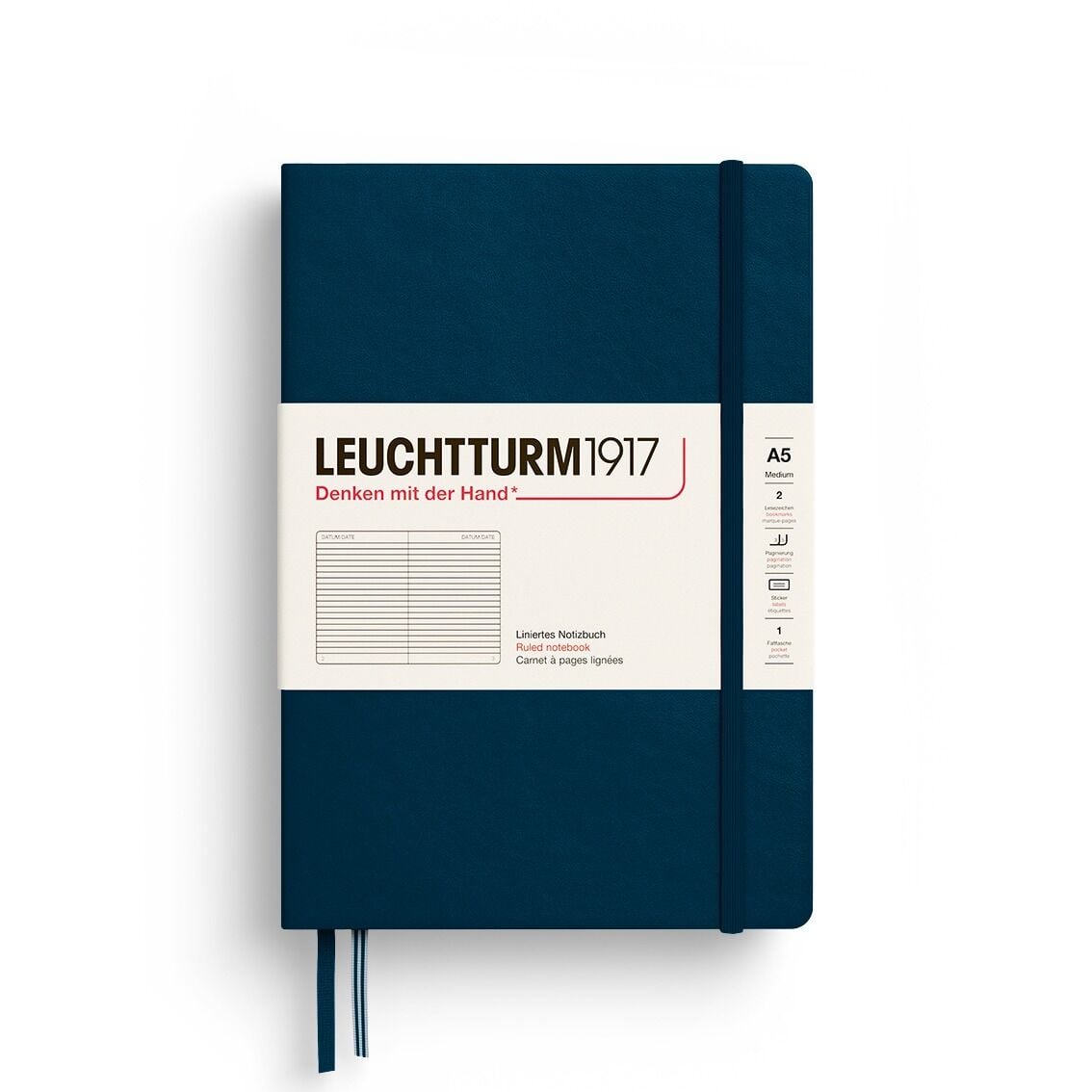 Leuchtturm1917 Not Defteri Orta Boy (A5), Sert Kapak, 251 Numaralandırılmış Sayfa, Derin Deniz - Çizgili