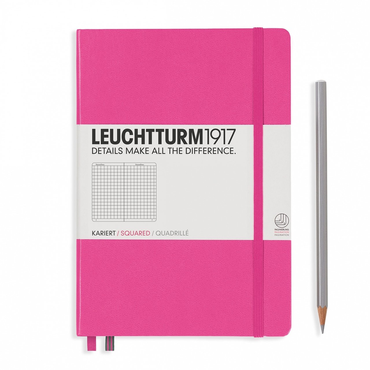 Leuchtturm1917 Not Defteri Orta Boy (A5), Sert Kapak, 249 Numaralandırılmış Sayfa, Yeni Pembe - Kareli