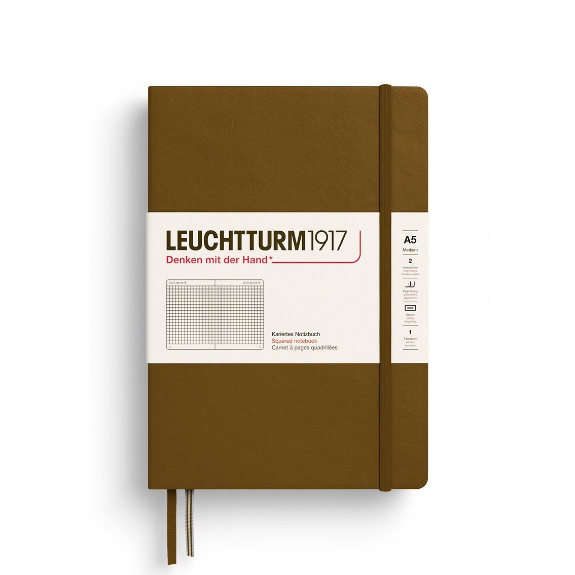Leuchtturm1917 Not Defteri Orta Boy (A5), Sert Kapak, 251 Numaralandırılmış Sayfa, Baharat Kahvesi - Kareli