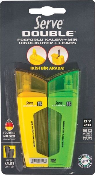 SERVE Double Fosforlu Kalem ve Mekanik Kurşun Kalem Ucu 0.7 mm 2B 2'li Set Sarı-Yeşil