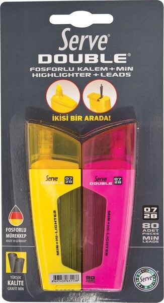 SERVE Double Fosforlu Kalem ve Mekanik Kurşun Kalem Ucu 0.7 mm 2B 2'li Set Sarı-Pembe