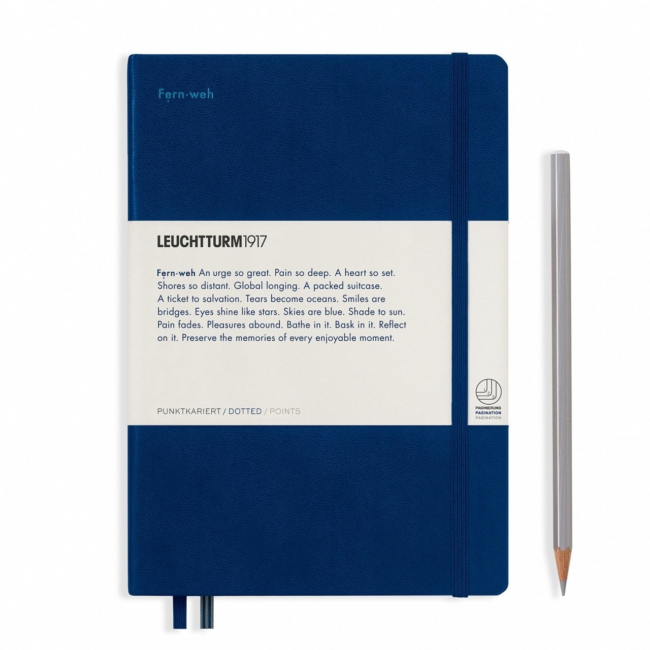 Leuchtturm1917 Orta Boy (A5), LEUCHTKRAFT (Özel Seri) Not Defteri, Noktalı, Sert Kapak, Noktalı - Lacivert, „FERNWEH“