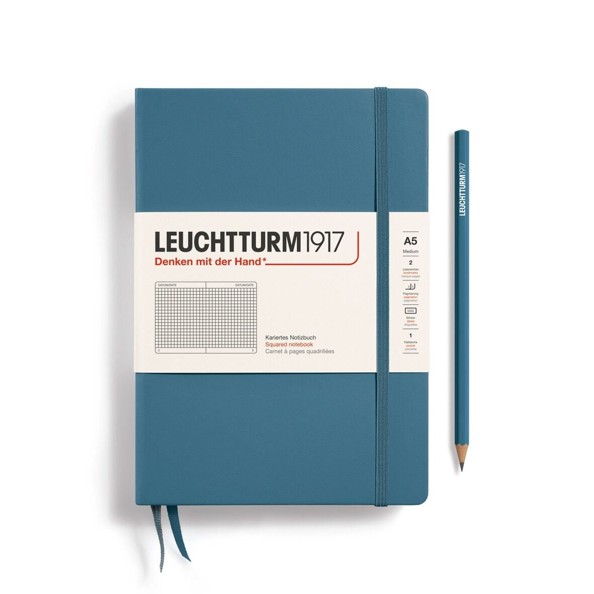 Leuchtturm1917 Not Defteri Orta Boy (A5), Sert Kapak, 251 Numaralandırılmış Sayfa, Taş Mavi - Kareli