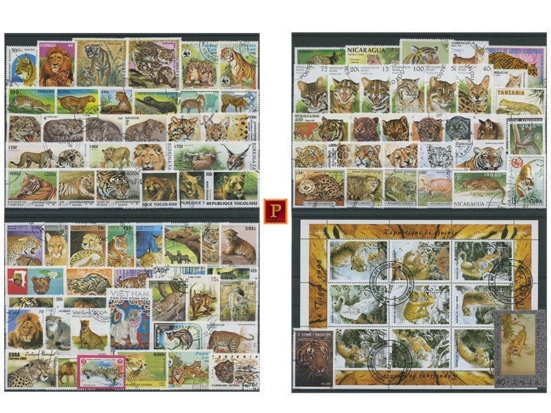 PULKO HistorY 1970 100 Çeşit Damgalı Pul Koleksiyonu Yırtıcı Kediler