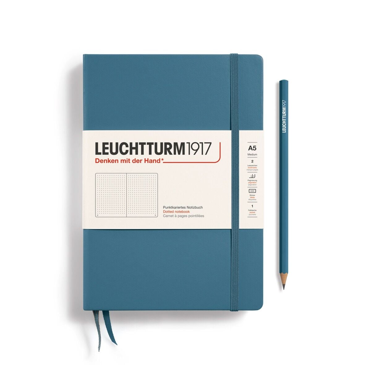 Leuchtturm1917 Not Defteri Orta Boy (A5), Sert Kapak, 251 Numaralandırılmış Sayfa, Taş Mavi - Noktalı