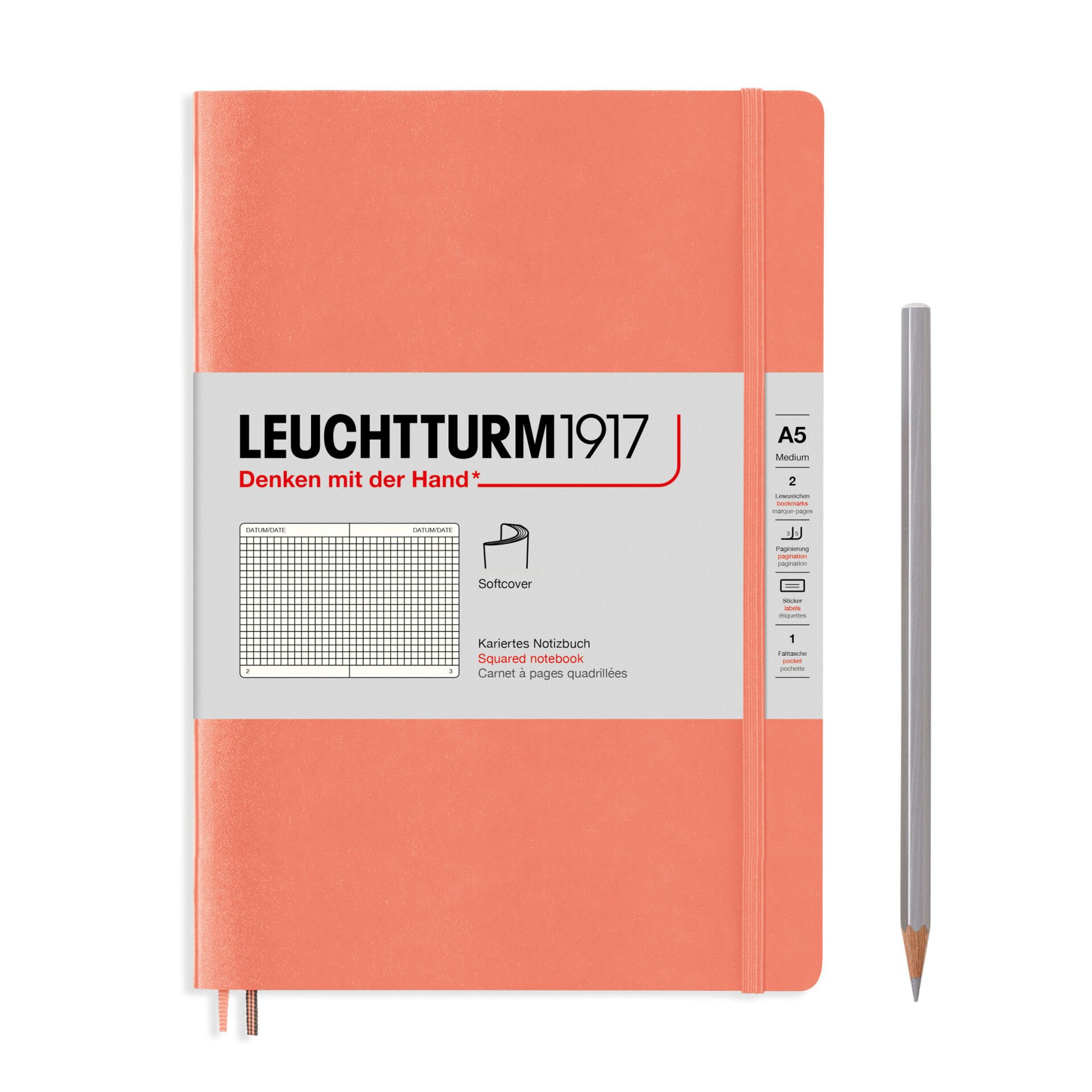 Leuchtturm1917 Not Defteri Orta Boy (A5), Yumuşak Kapak, 121 Numaralandırılmış Sayfa, Bellini - Kareli