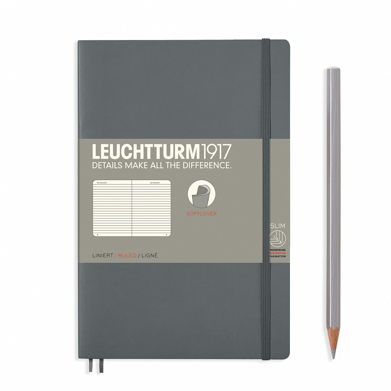 Leuchtturm1917 Not Defteri Çanta Boy (B6+), Yumuşak Kapak, 123 Numaralandırılmış Sayfa, Antrasit Gri - Çizgili