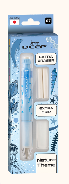 SERVE Deep Doğa Temalı 0.7 mm Versatil Kalem, Yedek Grip ve Silgi Seti, Doğal Gökmavisi