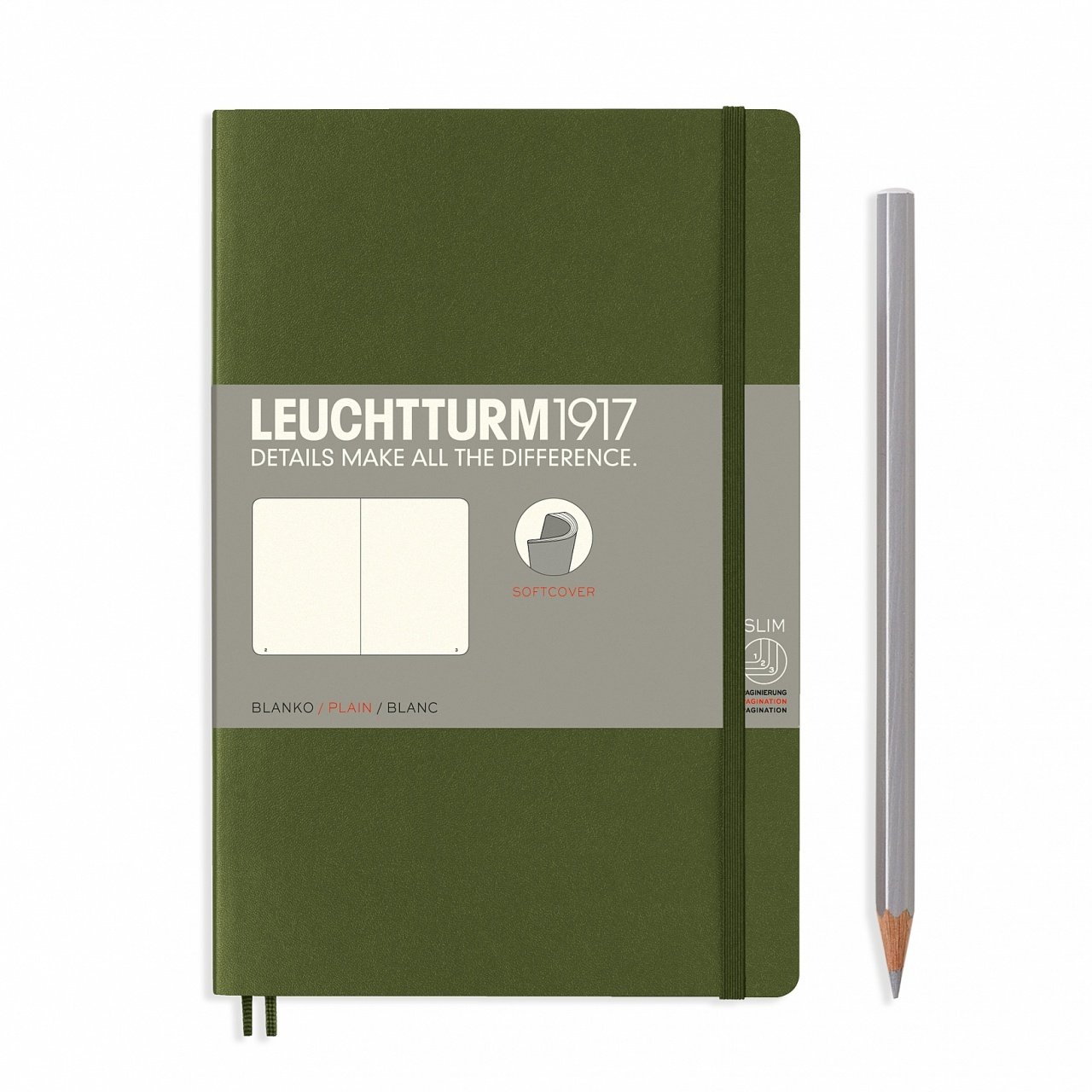 Leuchtturm1917 Not Defteri Çanta Boy (B6+), Yumuşak Kapak, 123 Numaralandırılmış Sayfa, Asker Yeşili - Düz