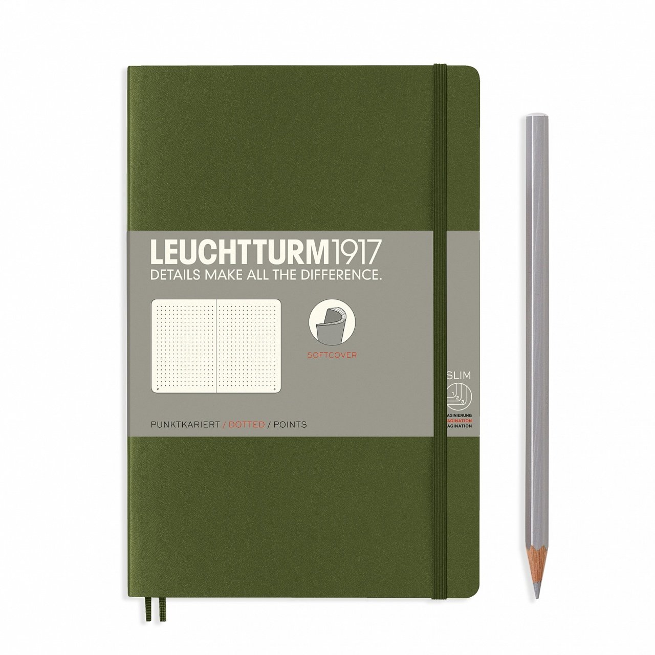 Leuchtturm1917 Not Defteri Çanta Boy (B6+), Yumuşak Kapak, 123 Numaralandırılmış Sayfa, Asker Yeşili - Noktalı