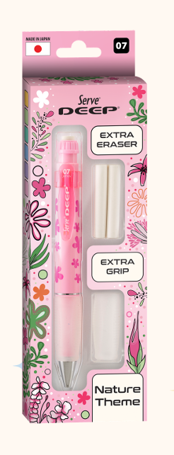 SERVE Deep Doğa Temalı 0.7 mm Versatil Kalem, Yedek Grip ve Silgi Seti, Doğal Şeker Pembe
