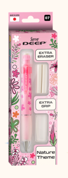 SERVE Deep Doğa Temalı 0.7 mm Versatil Kalem, Yedek Grip ve Silgi Seti, Doğal Şeker Pembe