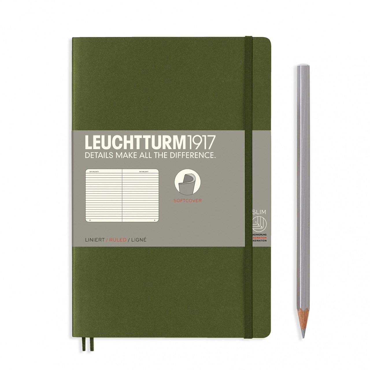 Leuchtturm1917 Not Defteri Çanta Boy (B6+), Yumuşak Kapak, 123 Numaralandırılmış Sayfa, Asker Yeşili - Çizgili