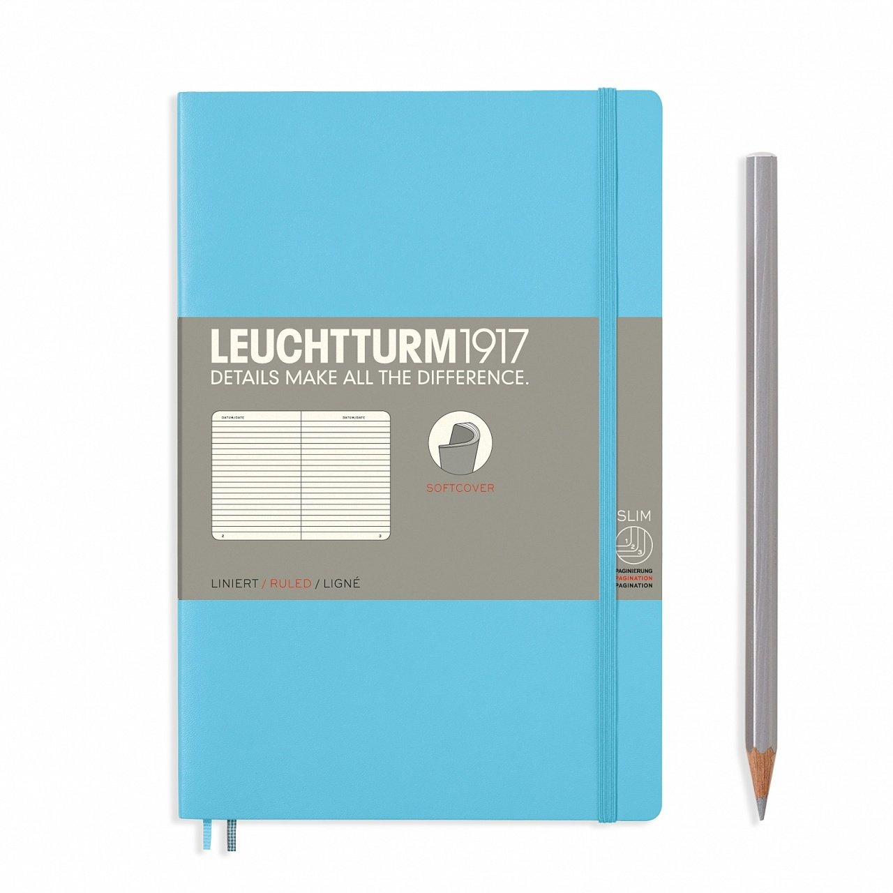 Leuchtturm1917 Not Defteri Çanta Boy (B6+), Yumuşak Kapak, 123 Numaralandırılmış Sayfa, Buz Mavi - Çizgili