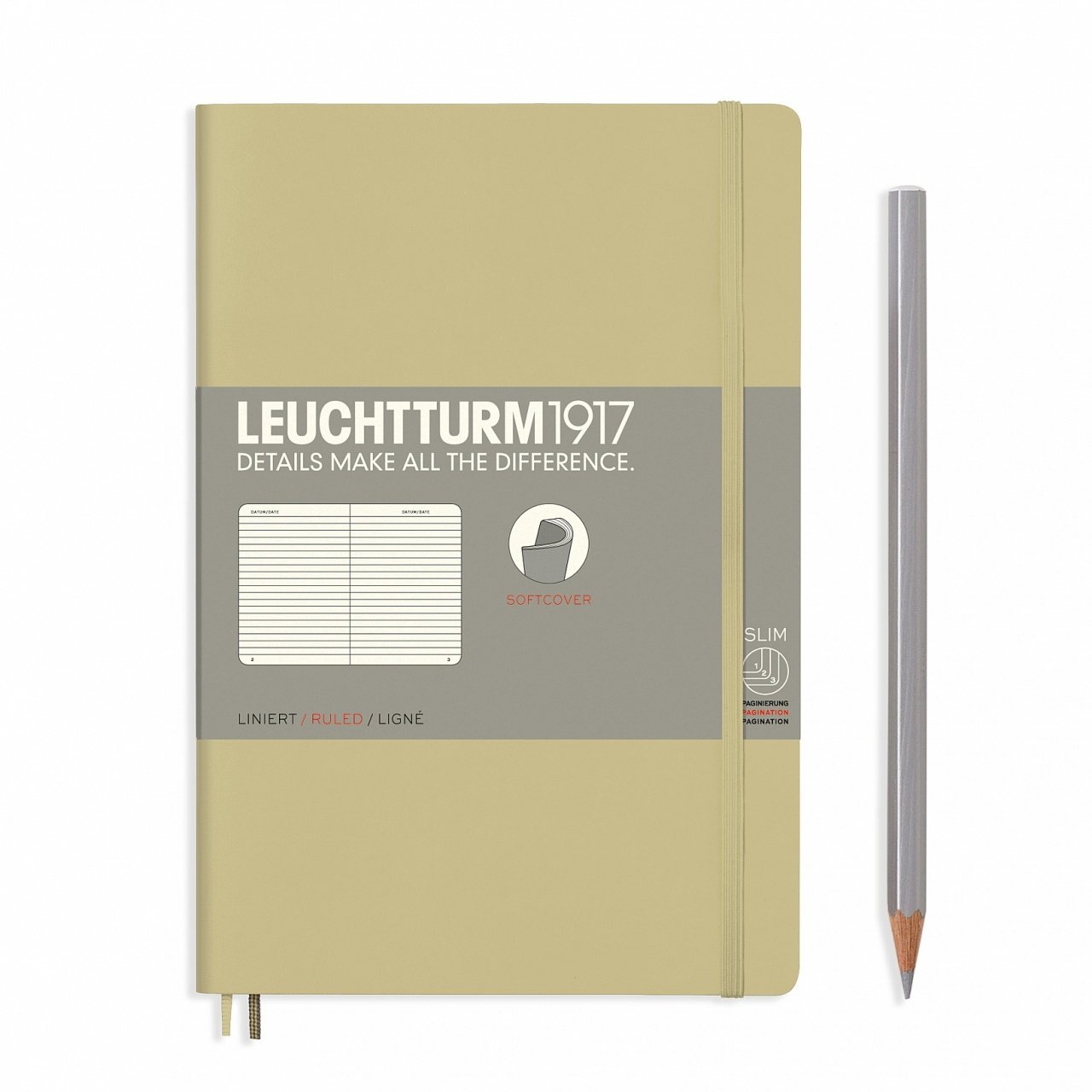 Leuchtturm1917 Not Defteri Çanta Boy (B6+), Yumuşak Kapak, 123 Numaralandırılmış Sayfa, Kum Gri - Çizgili