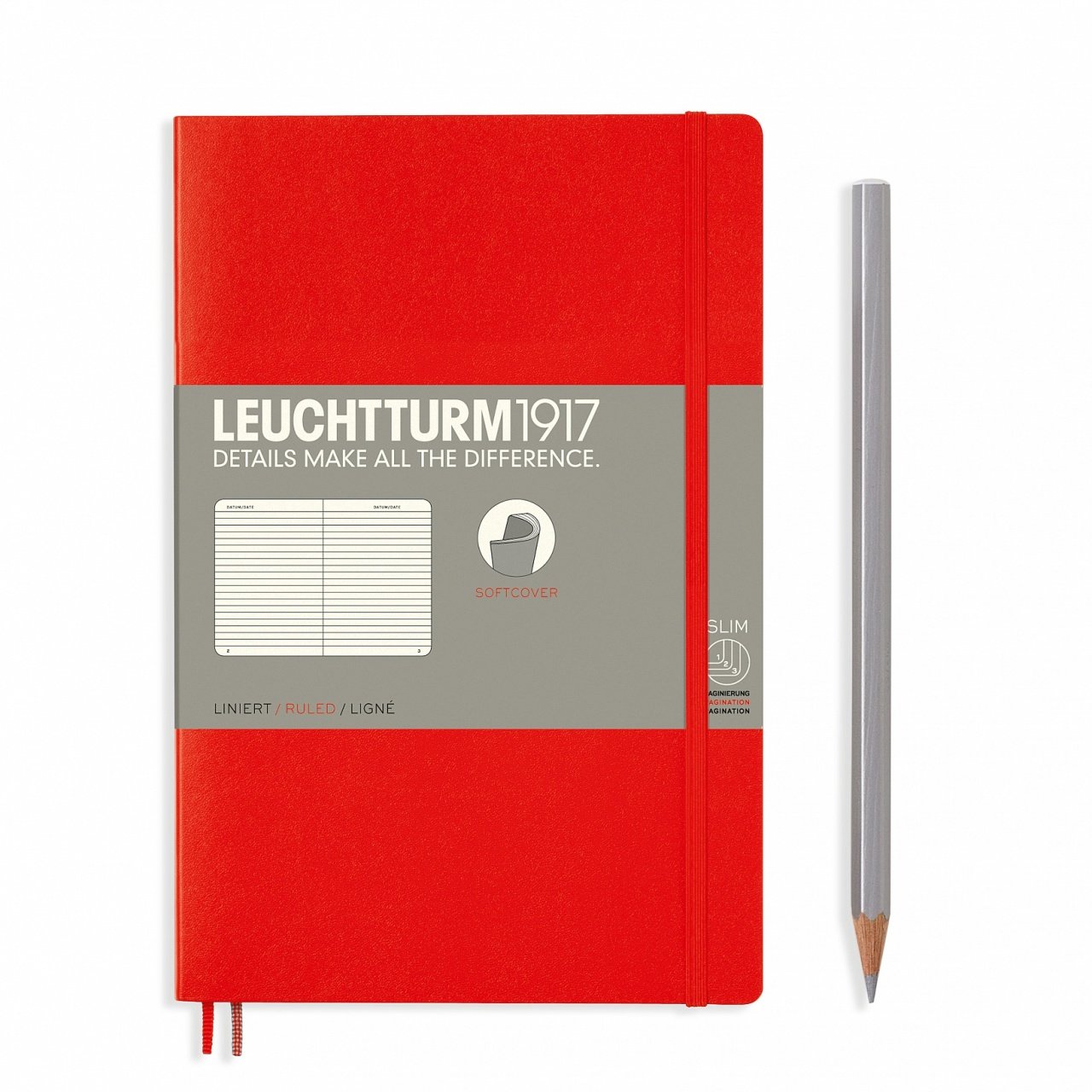 Leuchtturm1917 Not Defteri Çanta Boy (B6+), Yumuşak Kapak, 123 Numaralandırılmış Sayfa, Kırmızı - Çizgili