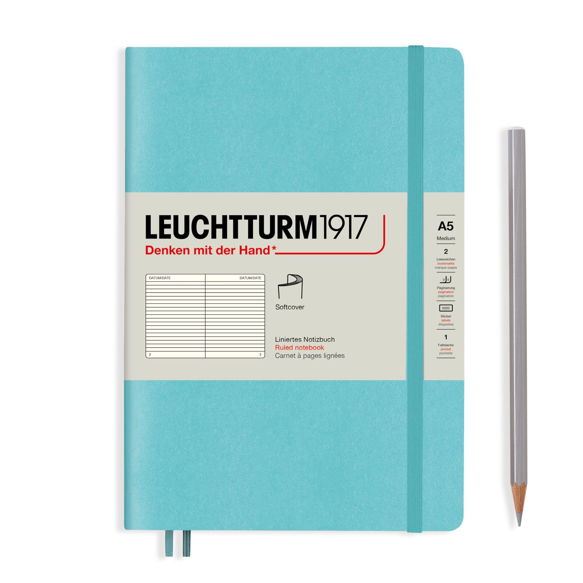Leuchtturm1917 Not Defteri Orta Boy (A5), Yumuşak Kapak, 121 Numaralandırılmış Sayfa, Akuamarin - Çizgili