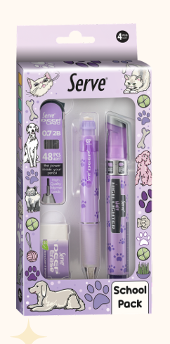SERVE Deep Doğa Temalı 0.7 mm Kalem Silgi Uç ve Likit Fosforlu Kalem 4'lü Kırtasiye Seti, Lavanta