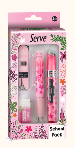 SERVE Deep Doğa Temalı 0.7 mm Kalem Silgi Uç ve Likit Fosforlu Kalem 4'lü Kırtasiye Seti, Şeker Pembe
