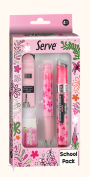 SERVE Deep Doğa Temalı 0.7 mm Kalem Silgi Uç ve Likit Fosforlu Kalem 4'lü Kırtasiye Seti, Şeker Pembe