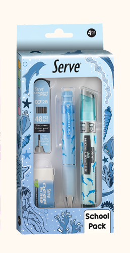 SERVE Deep Doğa Temalı 0.7 mm Kalem Silgi Uç ve Likit Fosforlu Kalem 4'lü Kırtasiye Seti, Gökyüzü Mavi
