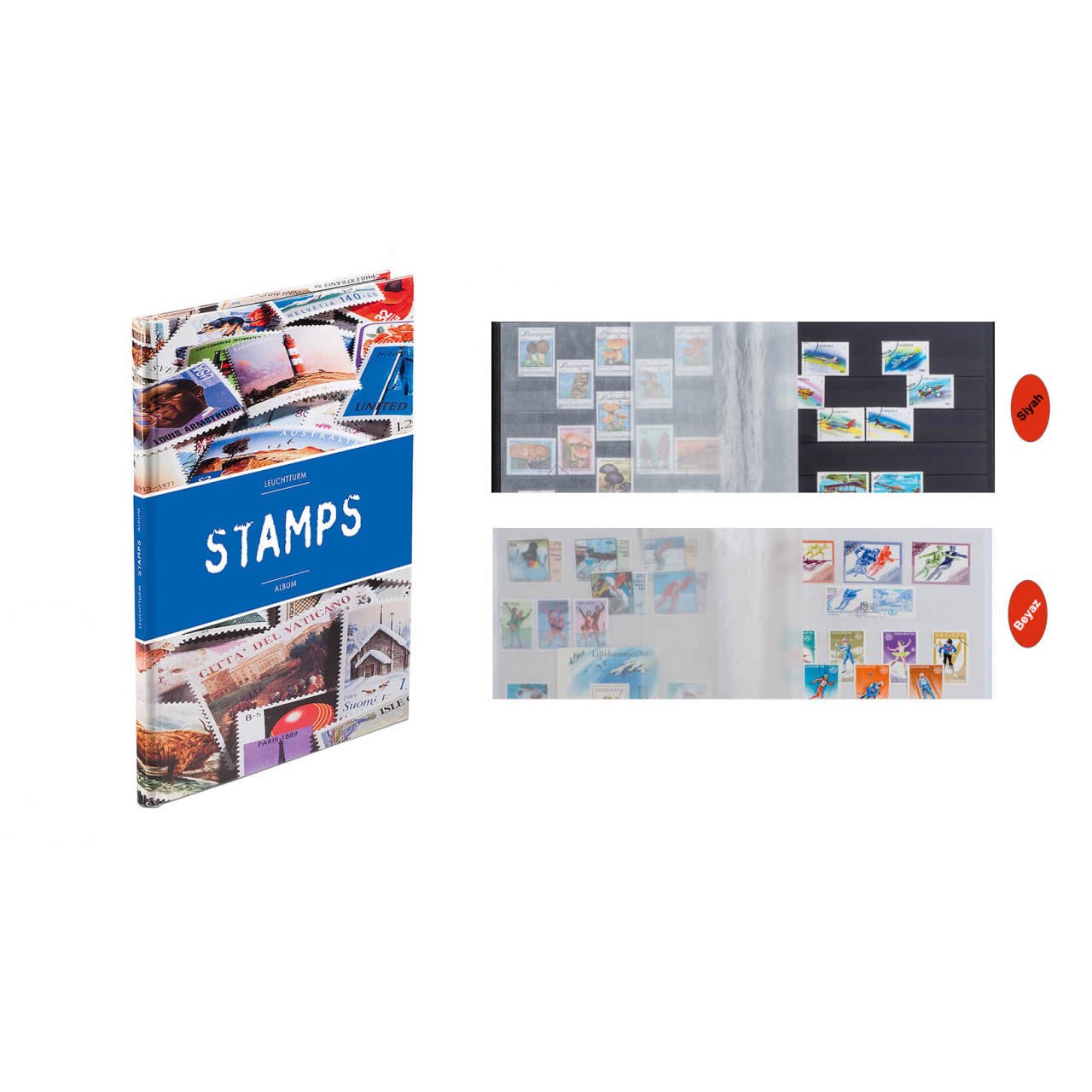 Leuchtturm Pul Defteri STAMPS, 8 Yaprak 16 Sayfa, Küçük Boy (A5), Motifli Mavi Kapak,