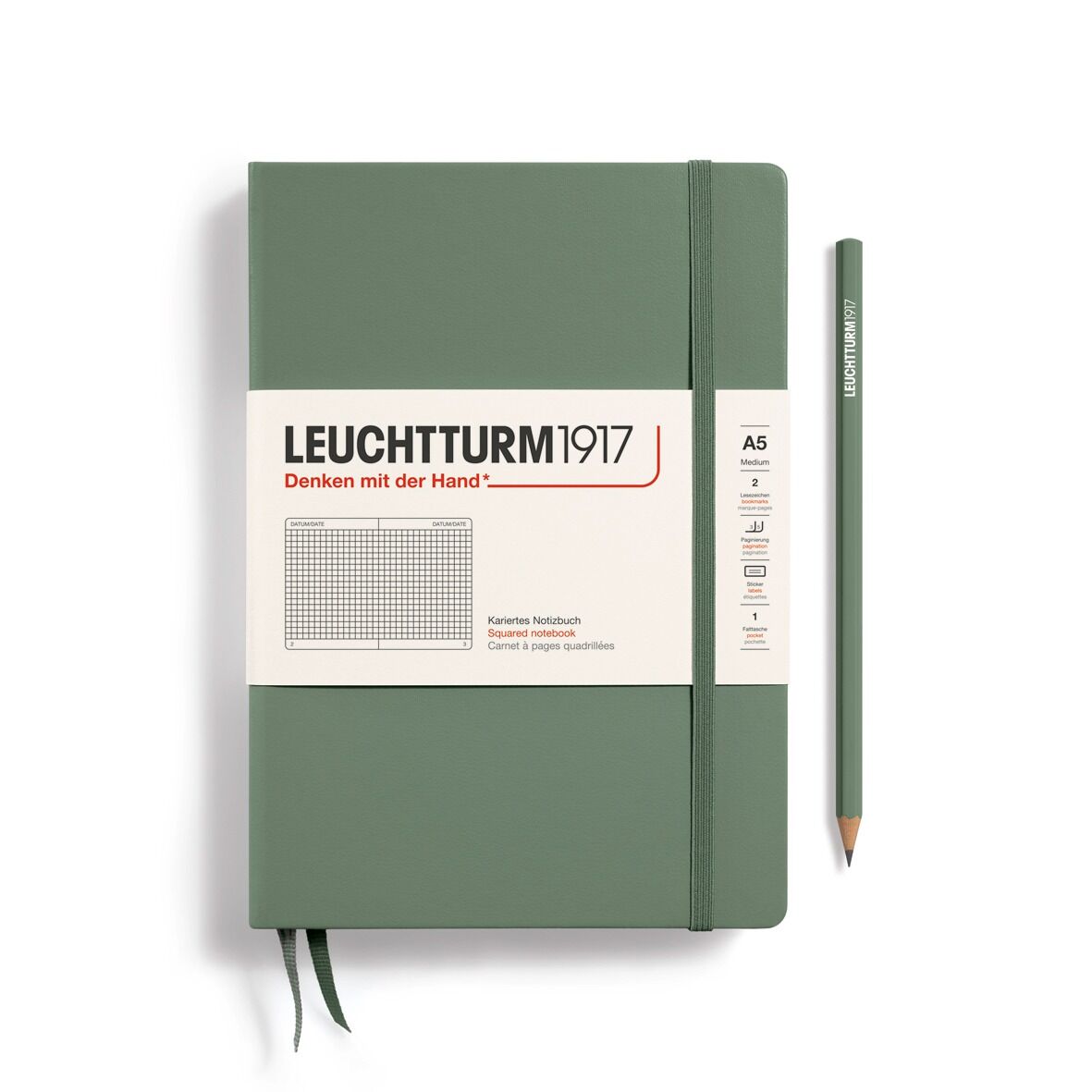 Leuchtturm1917 Not Defteri Orta Boy (A5), Sert Kapak, 251 Numaralandırılmış Sayfa, Zeytin Yeşili - Kareli