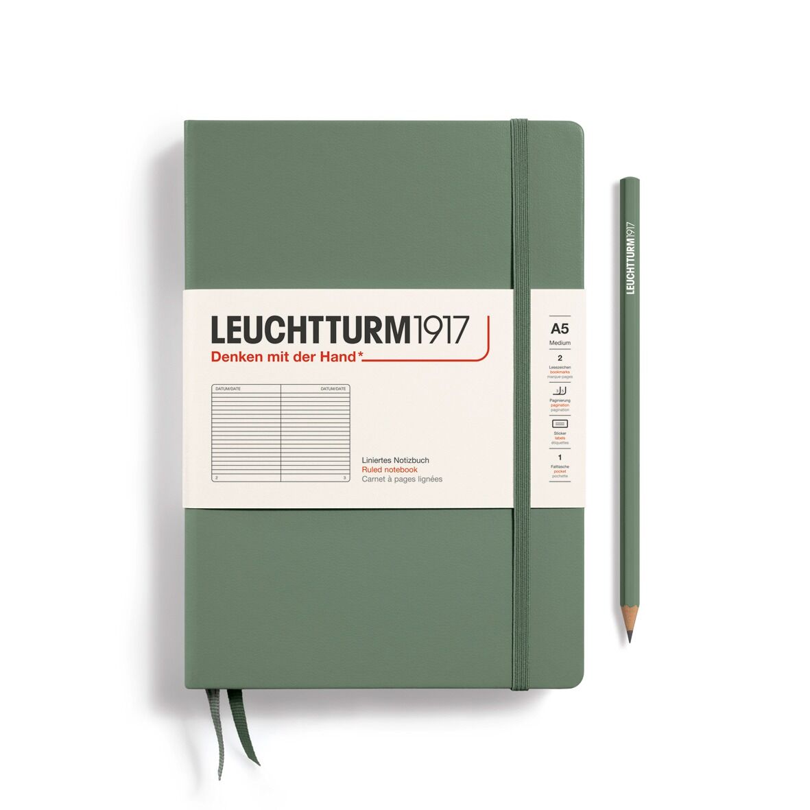 Leuchtturm1917 Not Defteri Orta Boy (A5), Sert Kapak, 251 Numaralandırılmış Sayfa, Zeytin Yeşili - Çizgili