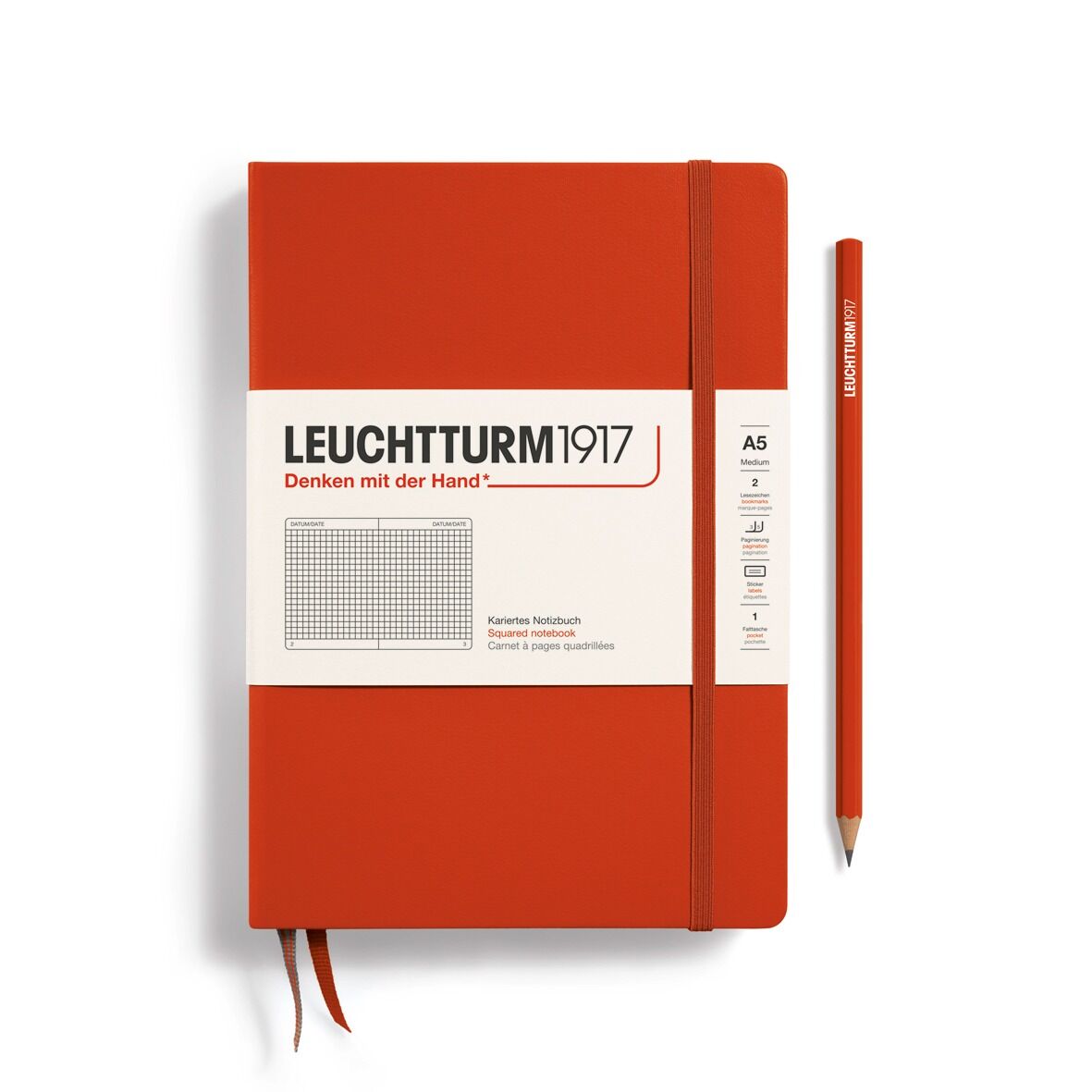 Leuchtturm1917 Not Defteri Orta Boy (A5), Sert Kapak, 251 Numaralandırılmış Sayfa, Tilki Kırmızısı - Kareli