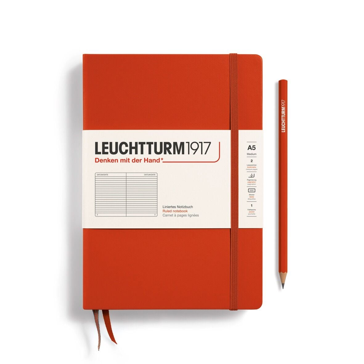 Leuchtturm1917 Not Defteri Orta Boy (A5), Sert Kapak, 251 Numaralandırılmış Sayfa, Tilki Kırmızısı - Çizgili