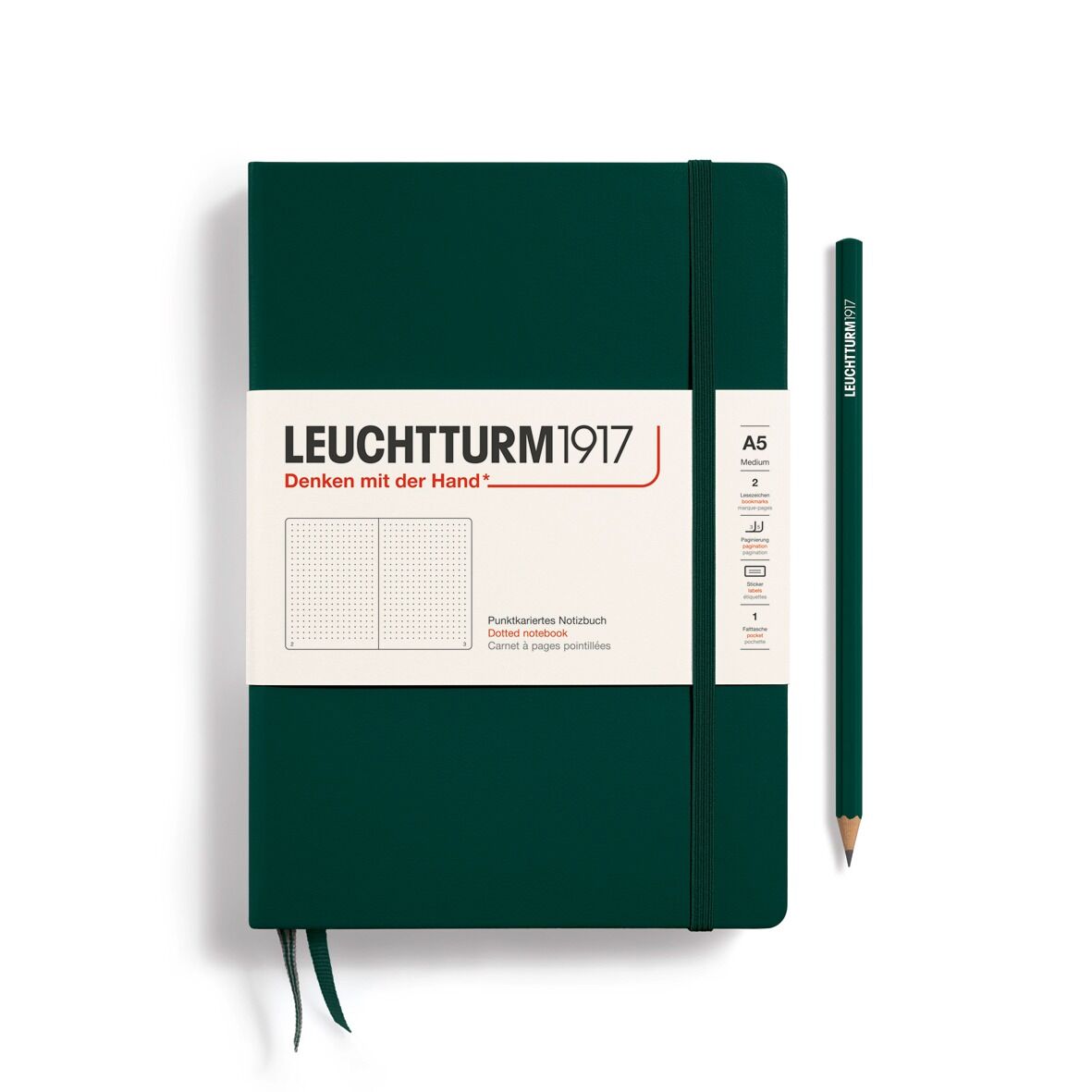 Leuchtturm1917 Not Defteri Orta Boy (A5), Sert Kapak, 251 Numaralandırılmış Sayfa, Orman Yeşili - Noktalı