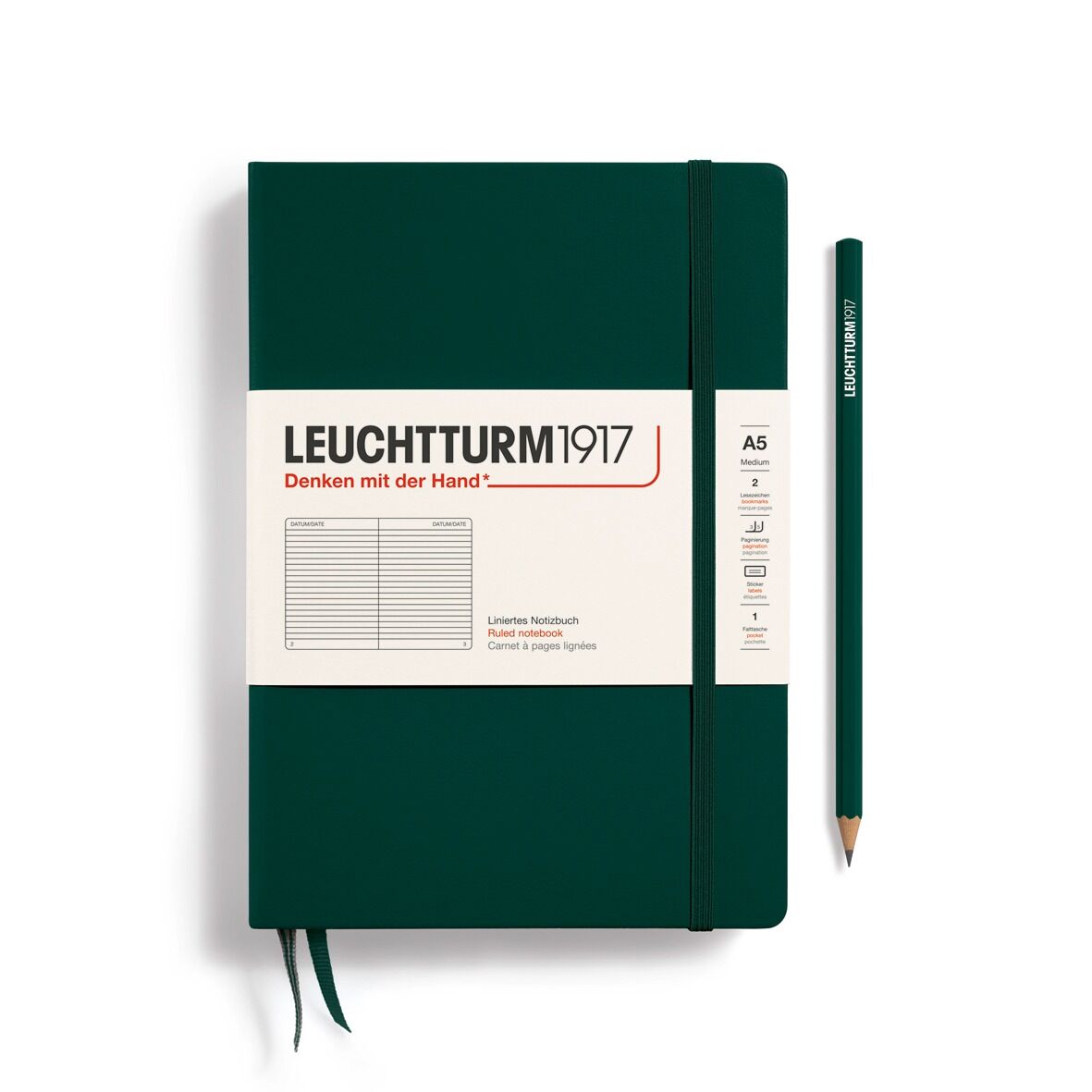 Leuchtturm1917 Not Defteri Orta Boy (A5), Sert Kapak, 251 Numaralandırılmış Sayfa, Orman Yeşili - Çizgili