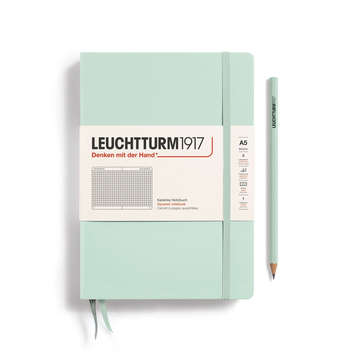 Leuchtturm1917 Not Defteri Orta Boy (A5), Sert Kapak, 251 Numaralandırılmış Sayfa, Nane Yeşili - Kareli
