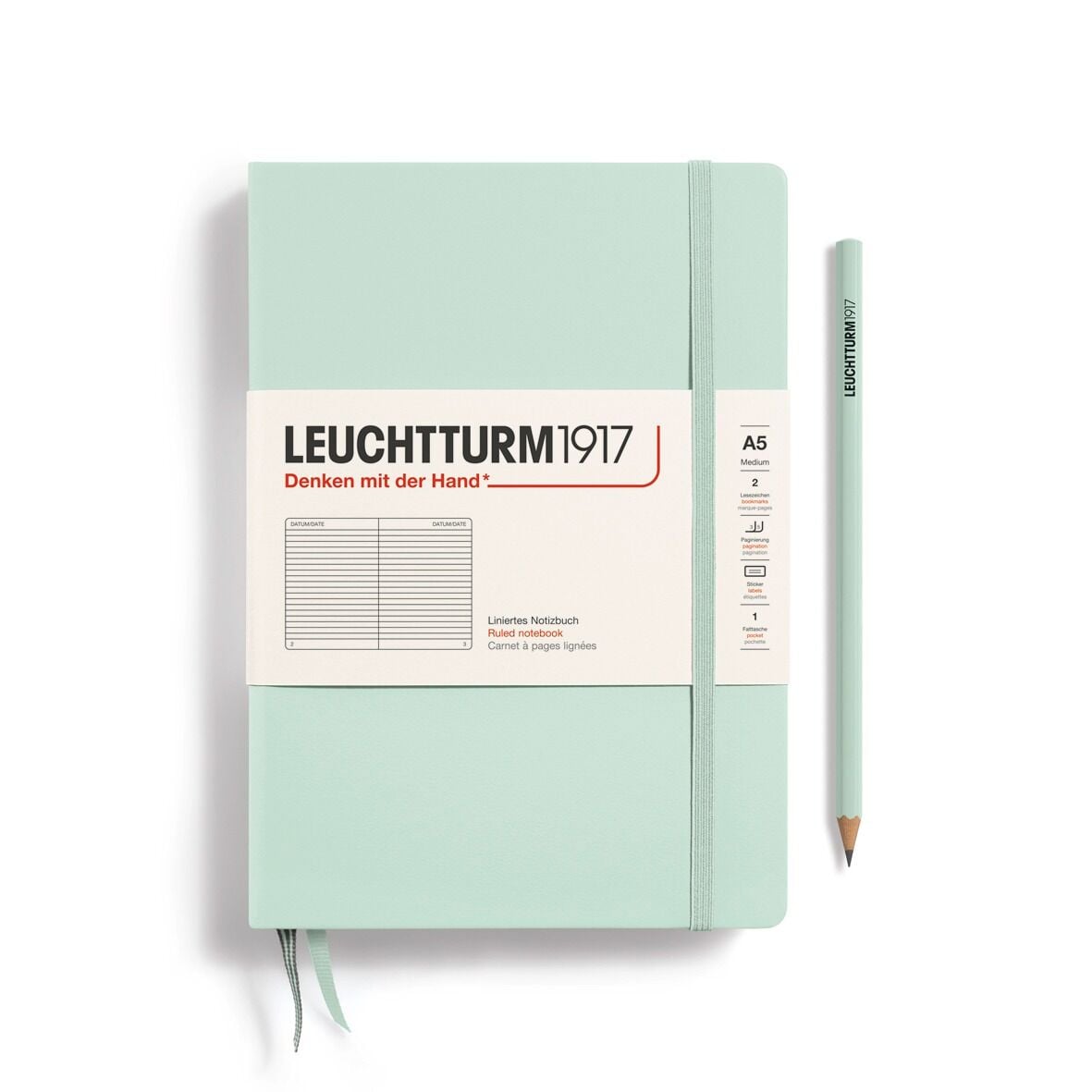 Leuchtturm1917 Not Defteri Orta Boy (A5), Sert Kapak, 251 Numaralandırılmış Sayfa, Nane Yeşili - Çizgili