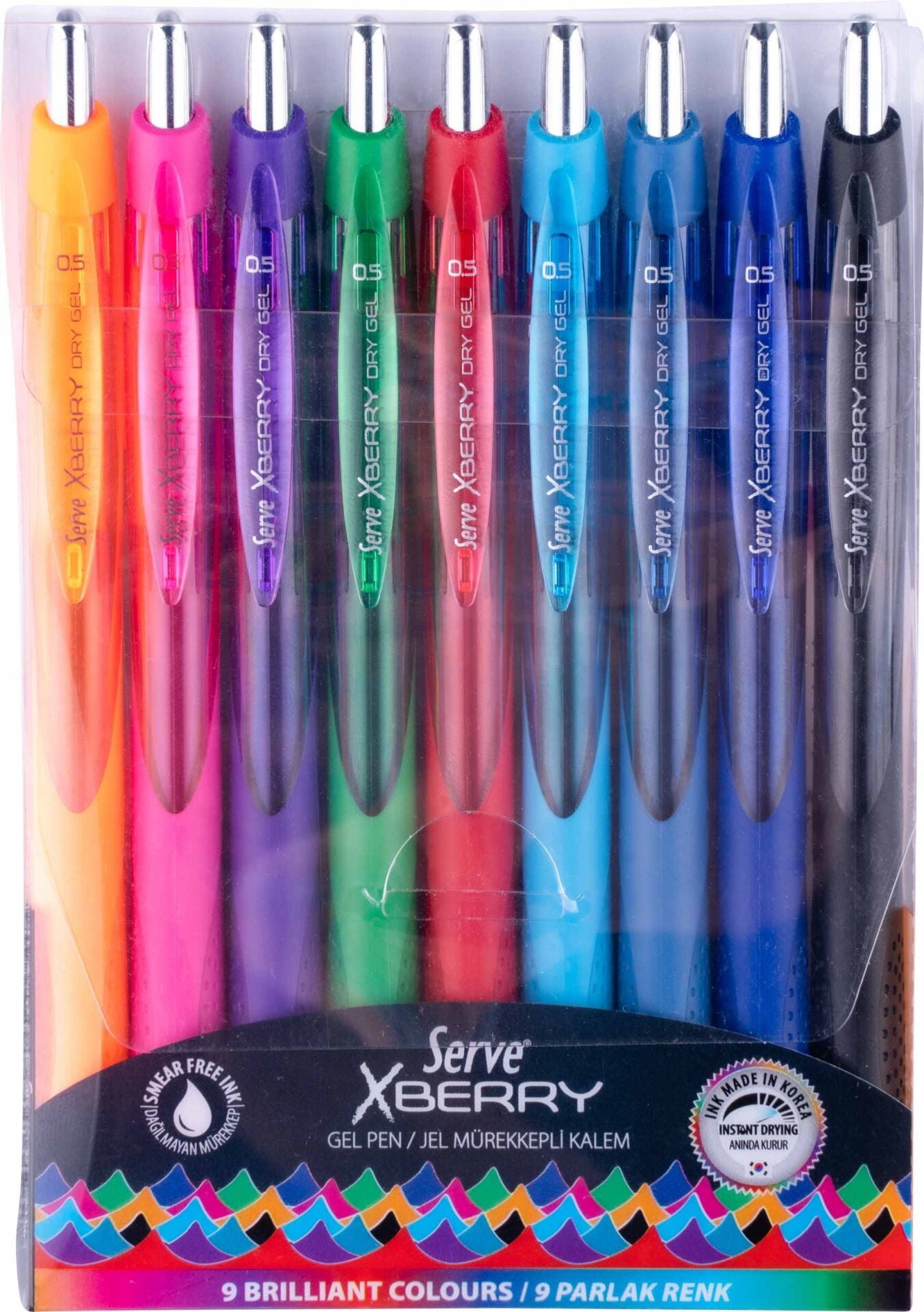 SERVE XBerry İğne Uçlu Hızlı Kuruyan Jel Kalem 0.5 mm 9'lu Set - Parlak Renkler