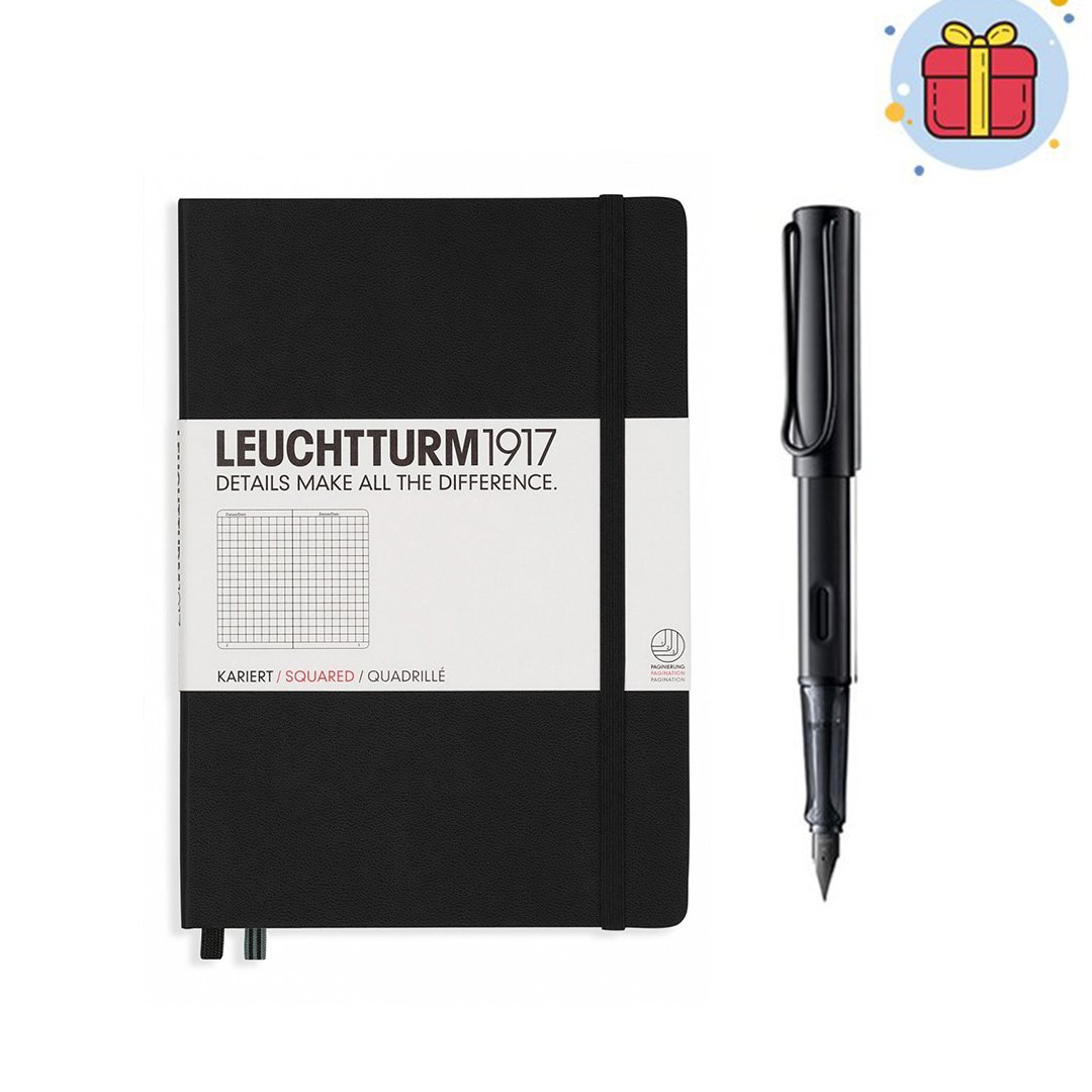 PULKO Klasik Hediye Seti (Leuchtturm1917 A5 Sert Kapak Kareli Siyah + Lamy Al-Star Dolma Kalem Siyah Medium Uç)