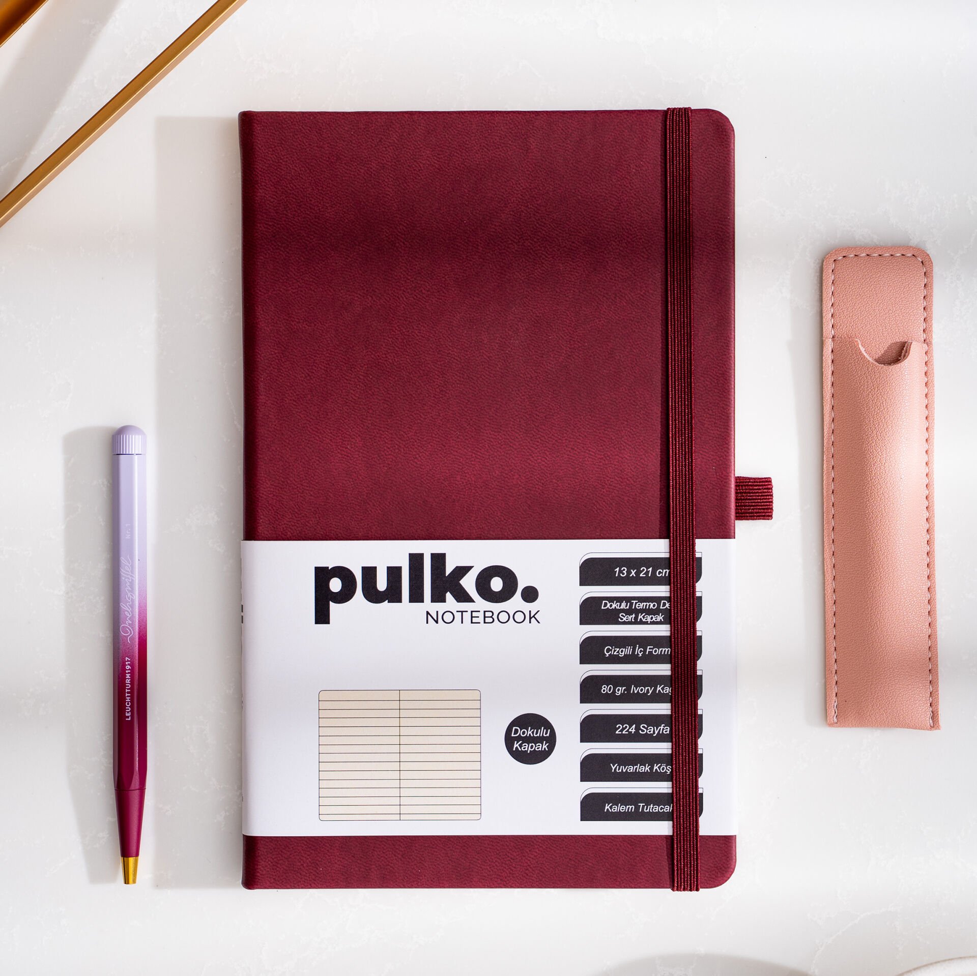 PULKO Notebook Klasik 224 Sayfa Termo Suni Deri Kapak Çizgili Not Defteri 13 X 21 cm, 018, Bordo