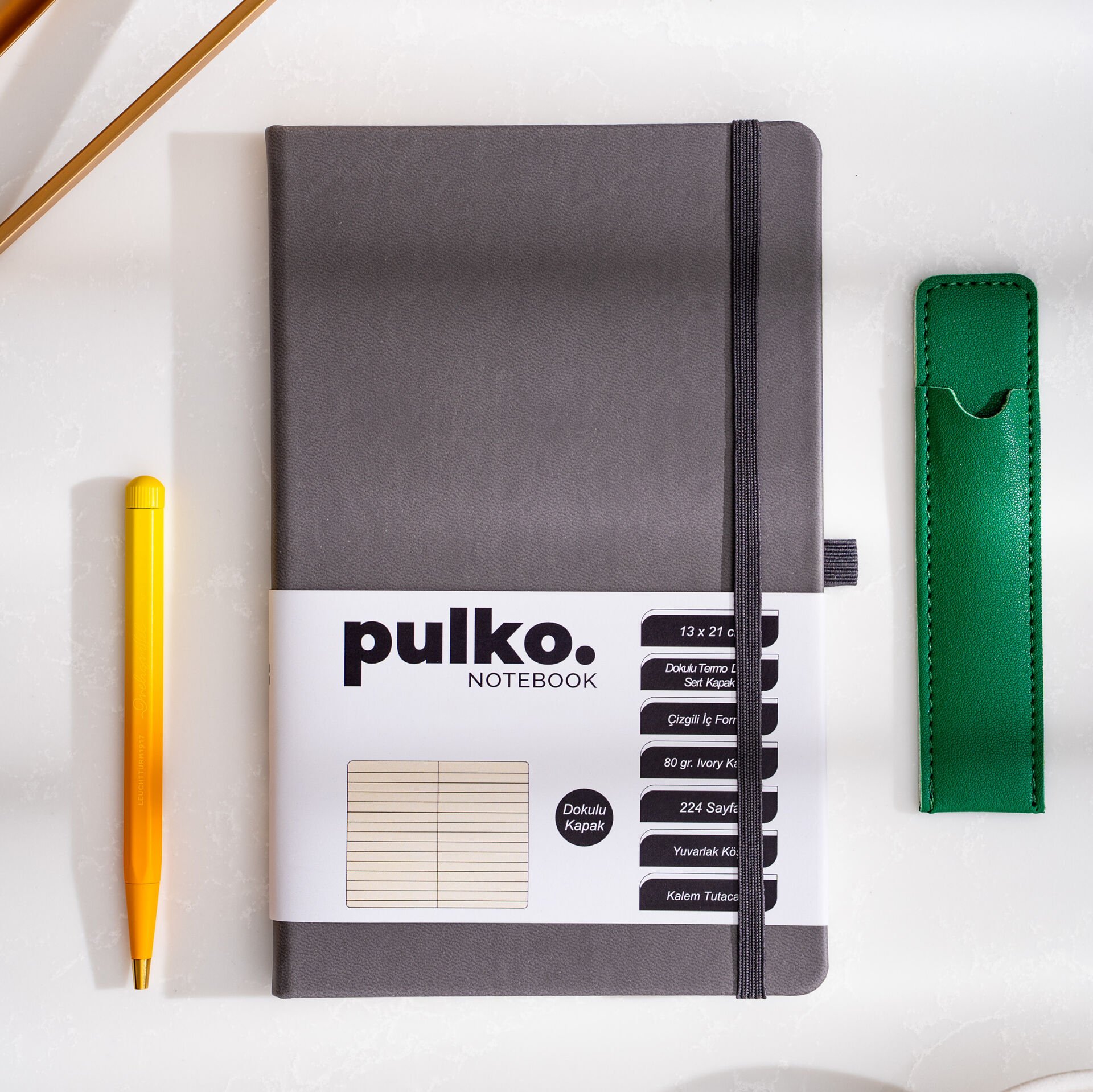 PULKO Notebook Klasik 224 Sayfa Termo Suni Deri Kapak Çizgili Not Defteri 13 X 21 cm, 018, Gri