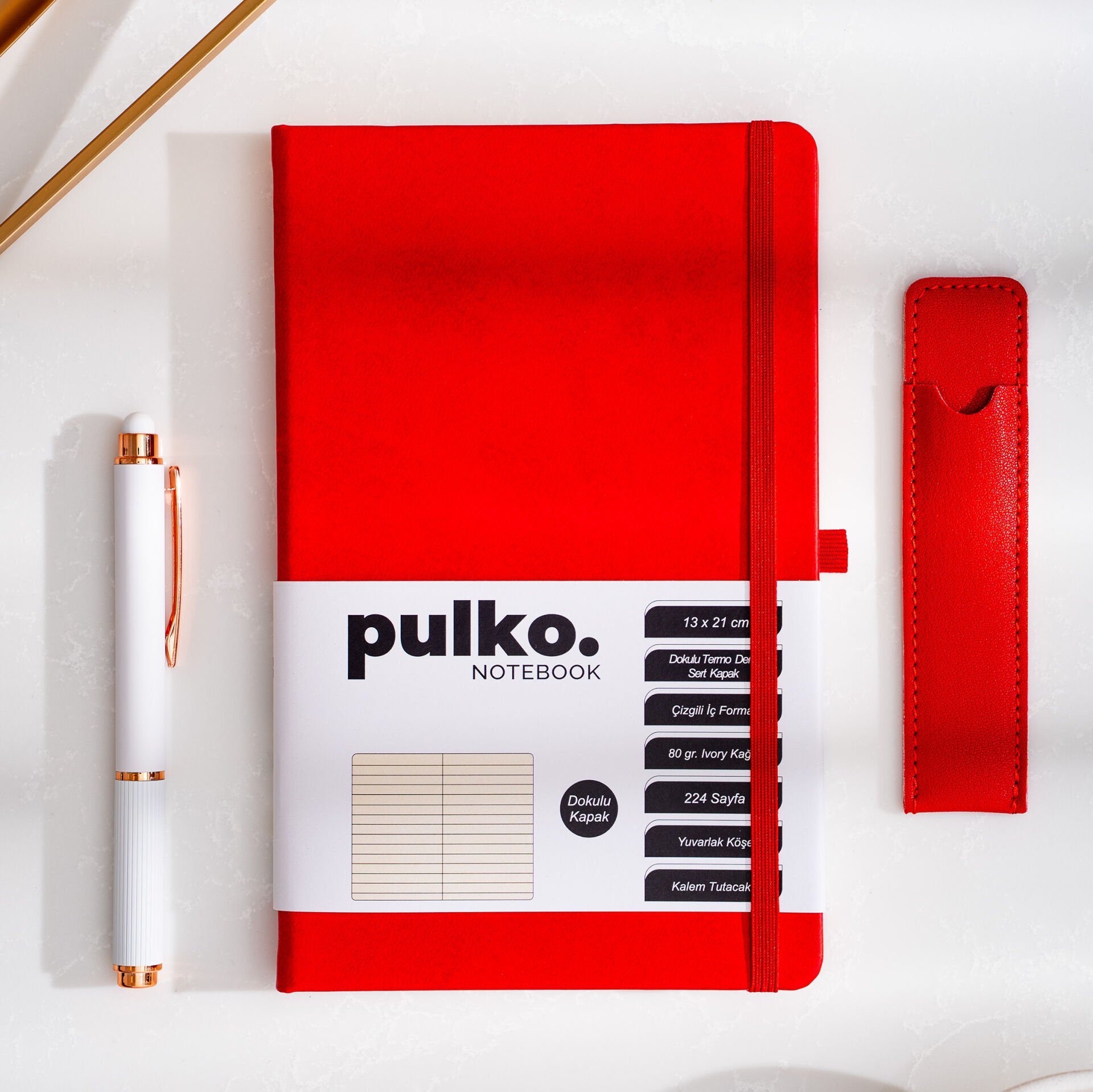 PULKO Notebook Klasik 224 Sayfa Termo Suni Deri Kapak Çizgili Not Defteri 13 X 21 cm, 018, Kırmızı