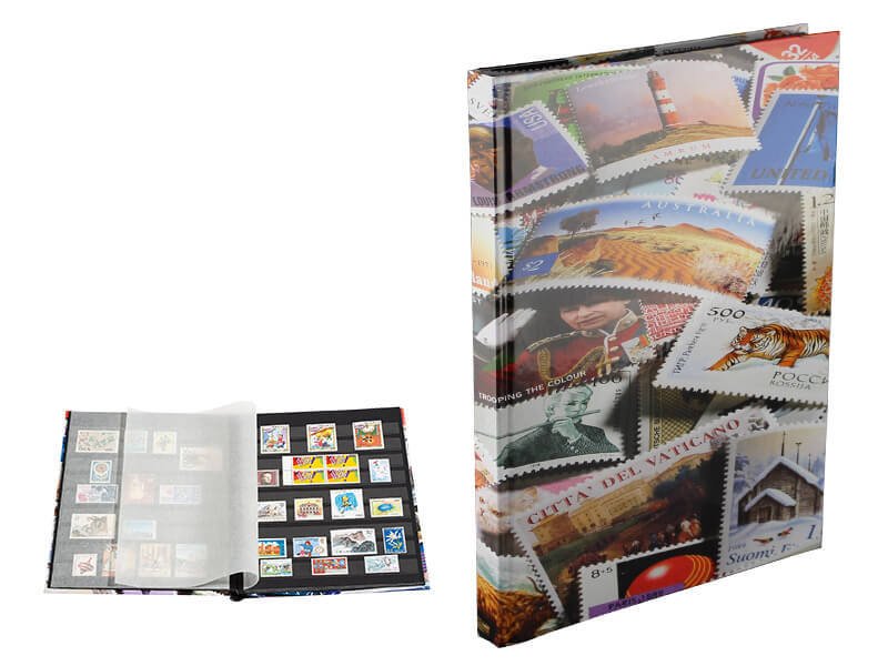 Leuchtturm Pul Defteri Stamp S, A4, Siyah Zemin, Pul Motifli Kapak, 16 Yaprak 32 Sayfa