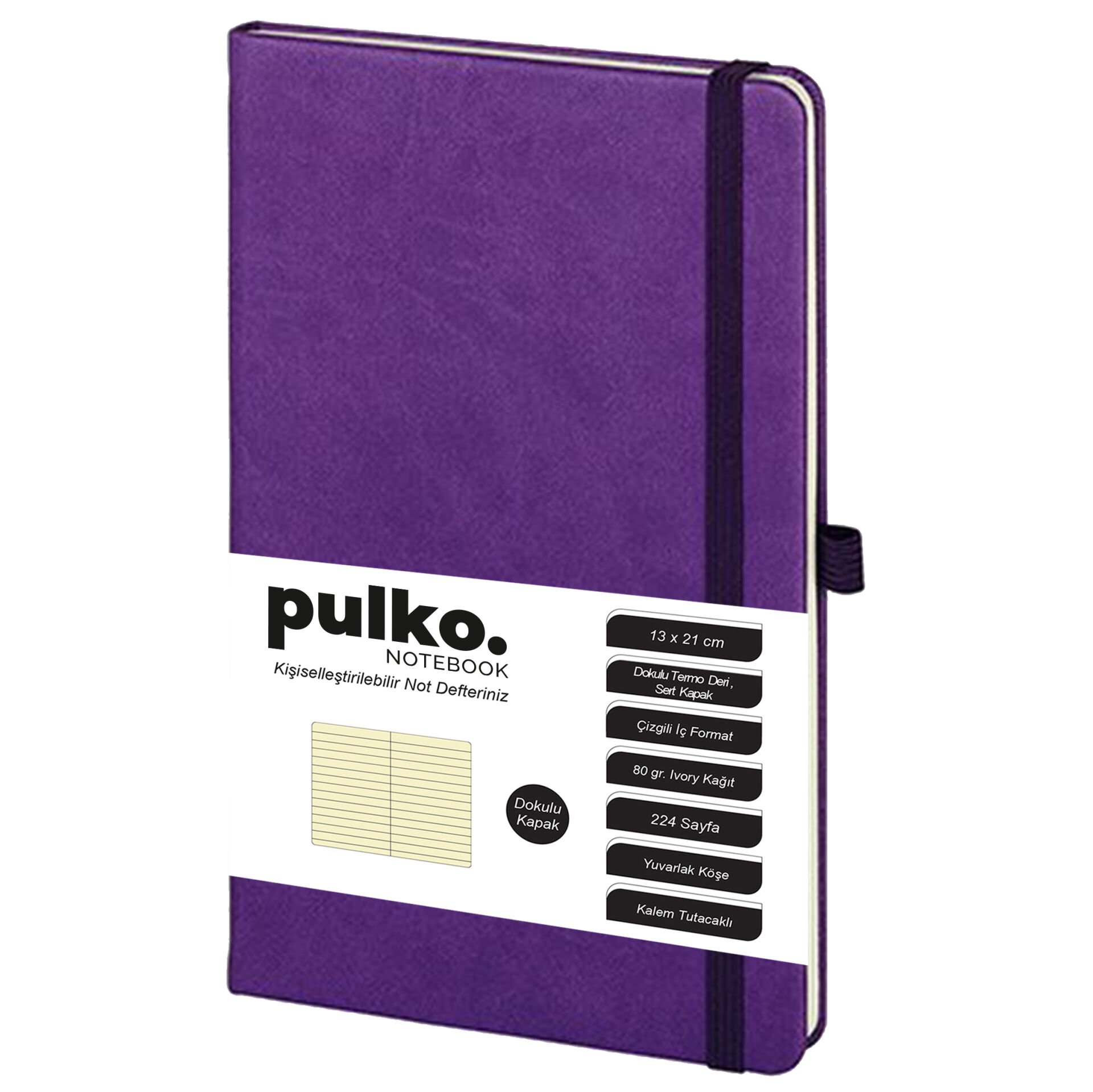 PULKO Notebook Klasik 224 Sayfa Termo Suni Deri Kapak Çizgili Not Defteri 13 X 21 cm, 018, Mor