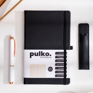 PULKO Notebook Klasik 224 Sayfa Termo Suni Deri Kapak Çizgili Not Defteri 13 X 21 cm, 018, Siyah