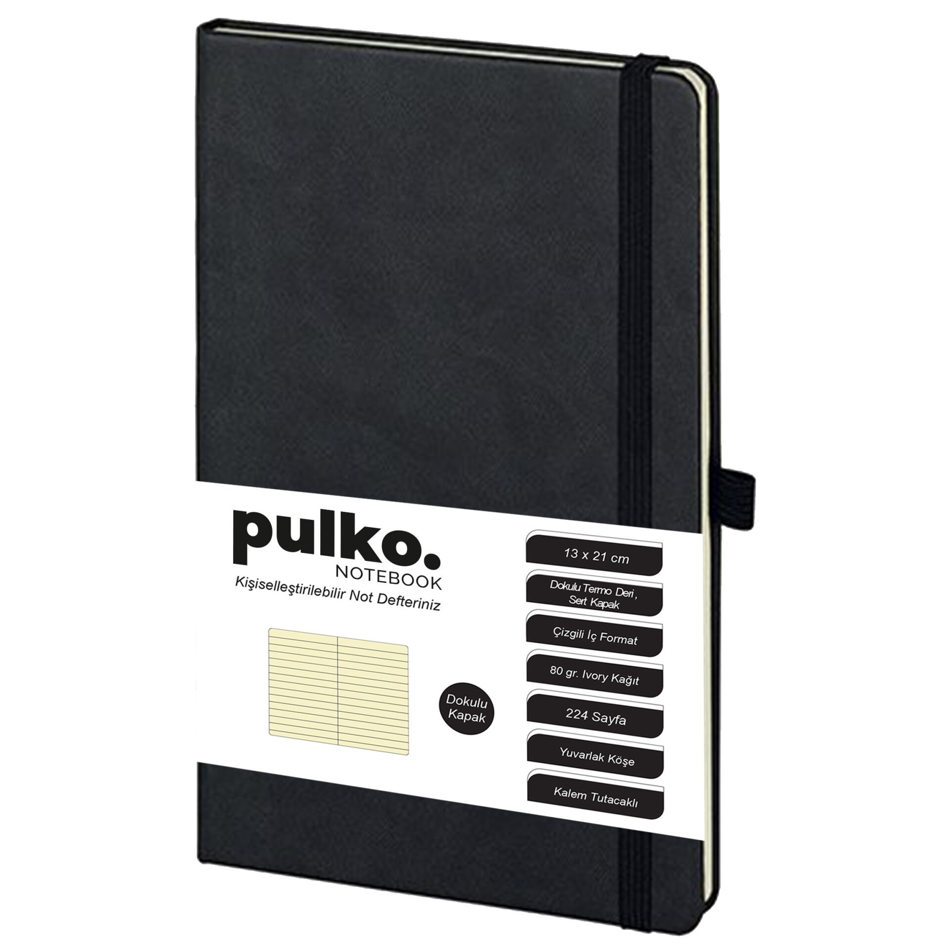 PULKO Notebook Klasik 224 Sayfa Termo Suni Deri Kapak Çizgili Not Defteri 13 X 21 cm, 018, Siyah