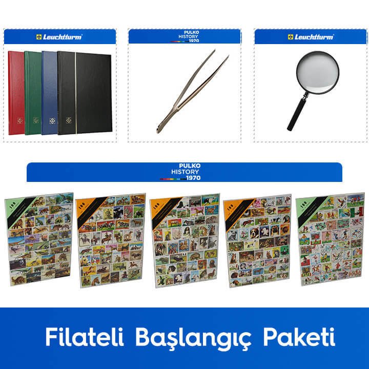 PULKO Filateli Başlangıç Paketi (Leuchtturm BASIC W16 Pul Defteri, 100 Çeşit Pul, Pul Maşası ve Büyüteç),