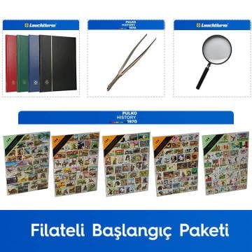 PULKO Filateli Başlangıç Paketi (Leuchtturm BASIC W16 Pul Defteri, 100 Çeşit Pul, Pul Maşası ve Büyüteç),