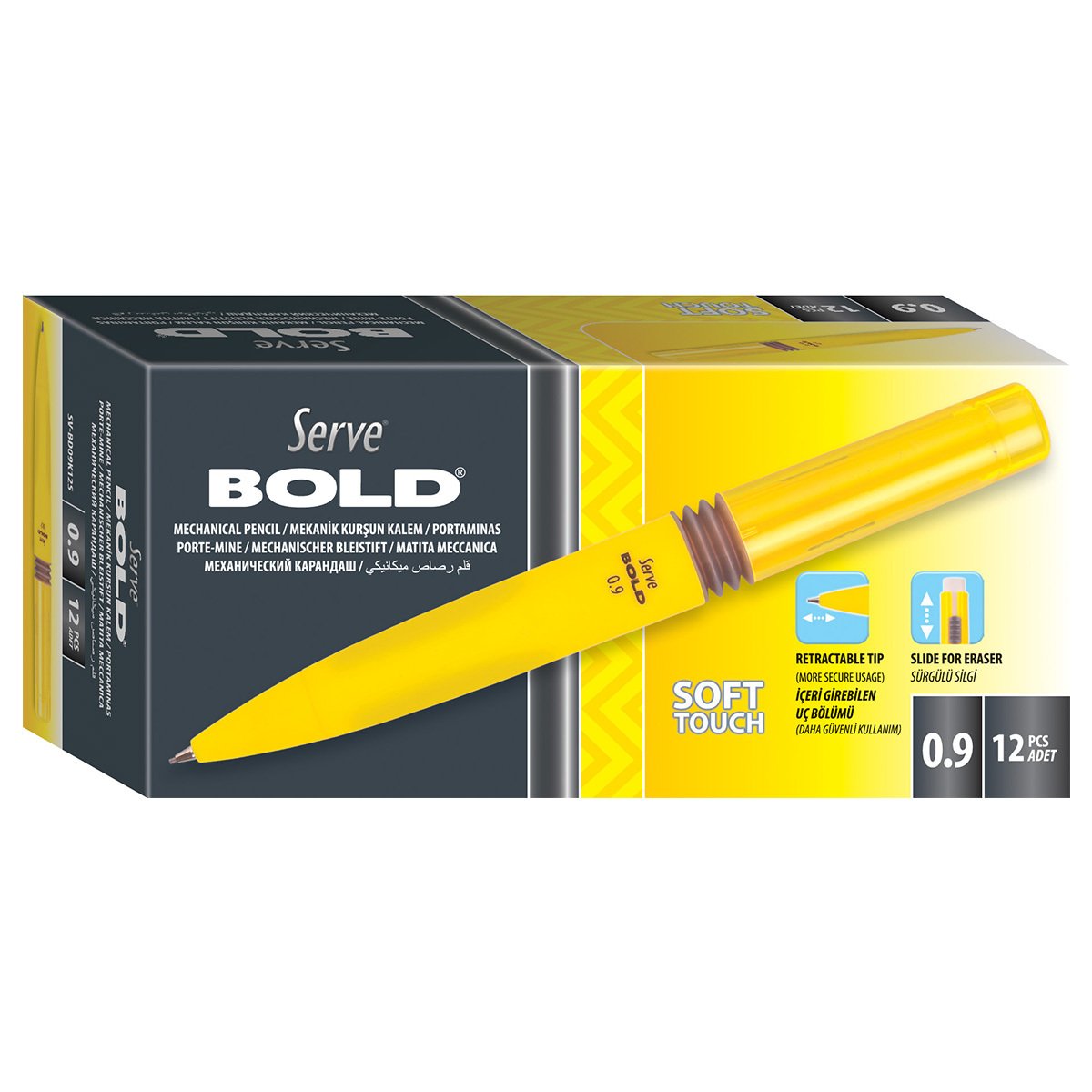 SERVE Bold Mekanik Kurşun Kalem 0.9 mm, Sarı - 12'li Kutu
