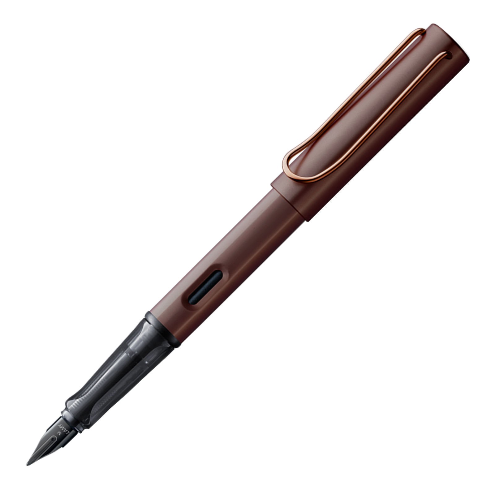 Stylo Lamy Lx, corps en aluminium, clip en métal plaqué marron, capuchon et base de stylo plaqués marron, pointe brillante noire, marron.