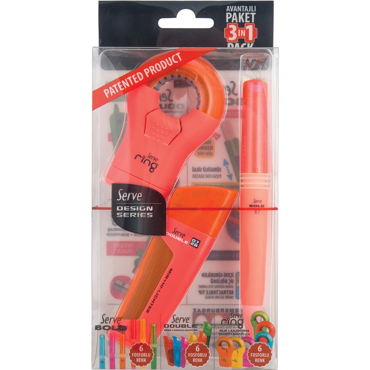 SERVE Bold Mekanik Kurşun Kalem 0.7 mm & Double Mekanik Kurşun Kalem Ucu 0.7 mm & SERVE Ring Kalemtıraş 3'lü Özel Hediye Paketi, Fosforlu Kırmızı